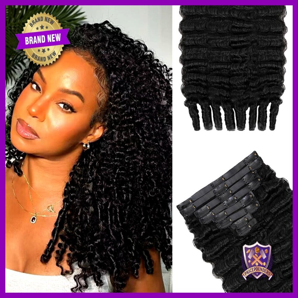 Human Hair Clip-In Extensions 16 Inch Natural Black Curly Voluminous Style